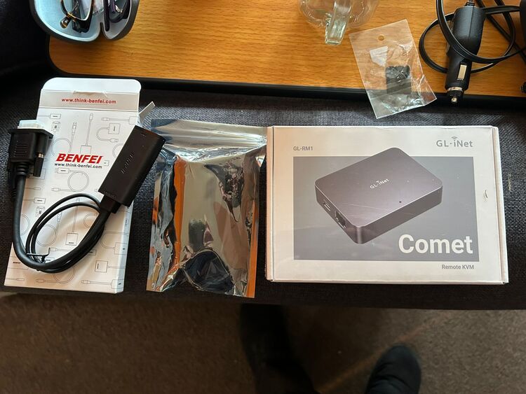 The VGA adaptor, PoE splitter and KVM box (left to right)