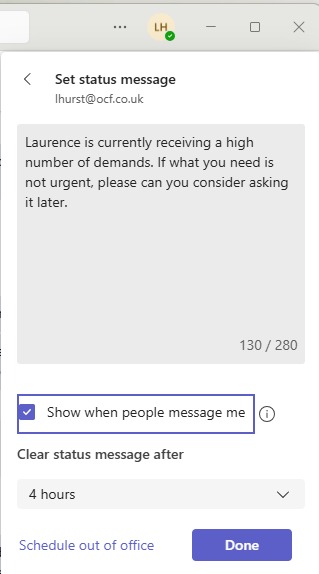Teams status message